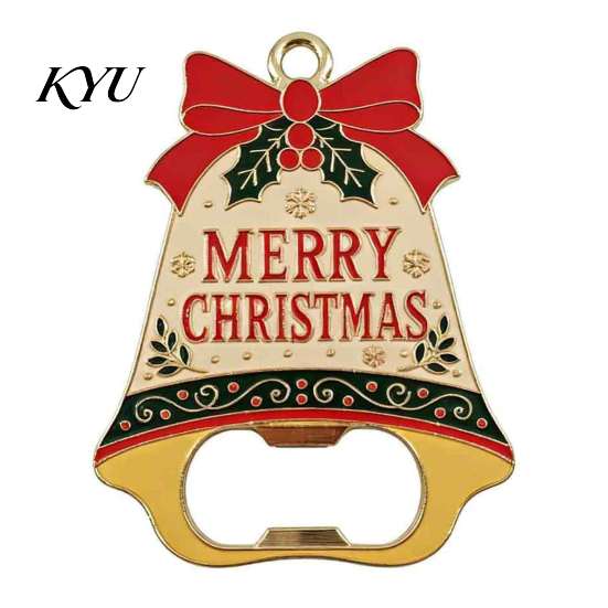 Enamel Beer Opener for Fridge Christmas Bell Bottle Opener, Heavy Duty Cap Remover, Magnetic Refrigerator Magnet, Metal Holiday Kitchen Bar Decorative