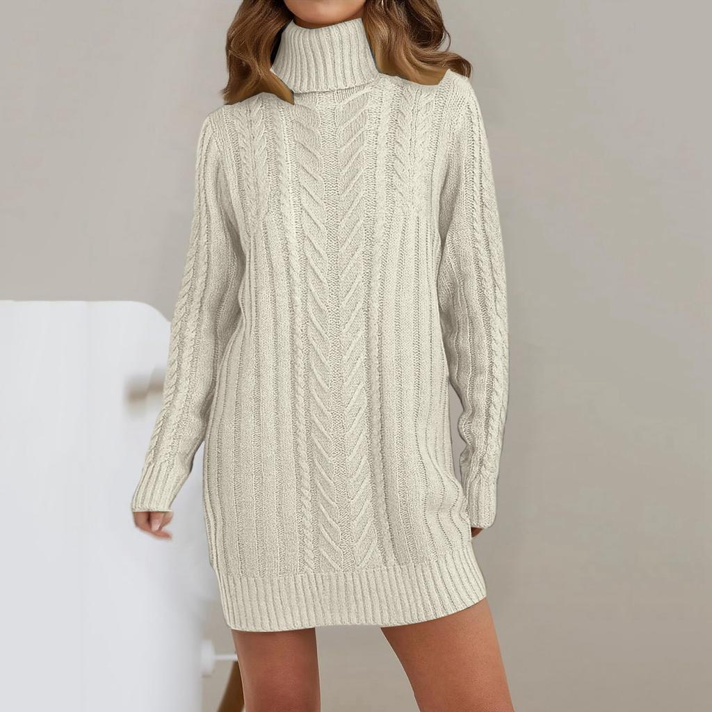 Women's Fall And Winter Knitted Long-Sleeve Turtleneck Cable-Knit Slim-Fit Sweater Dress
