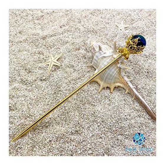 Sea Drop Kanzashi Hairpin with Luminous Firefly Glass, Tonbodama, Kerama Marine 14mm, Glow-in-the-Dark Type, Gold, Single Prong, Hair Accessory for