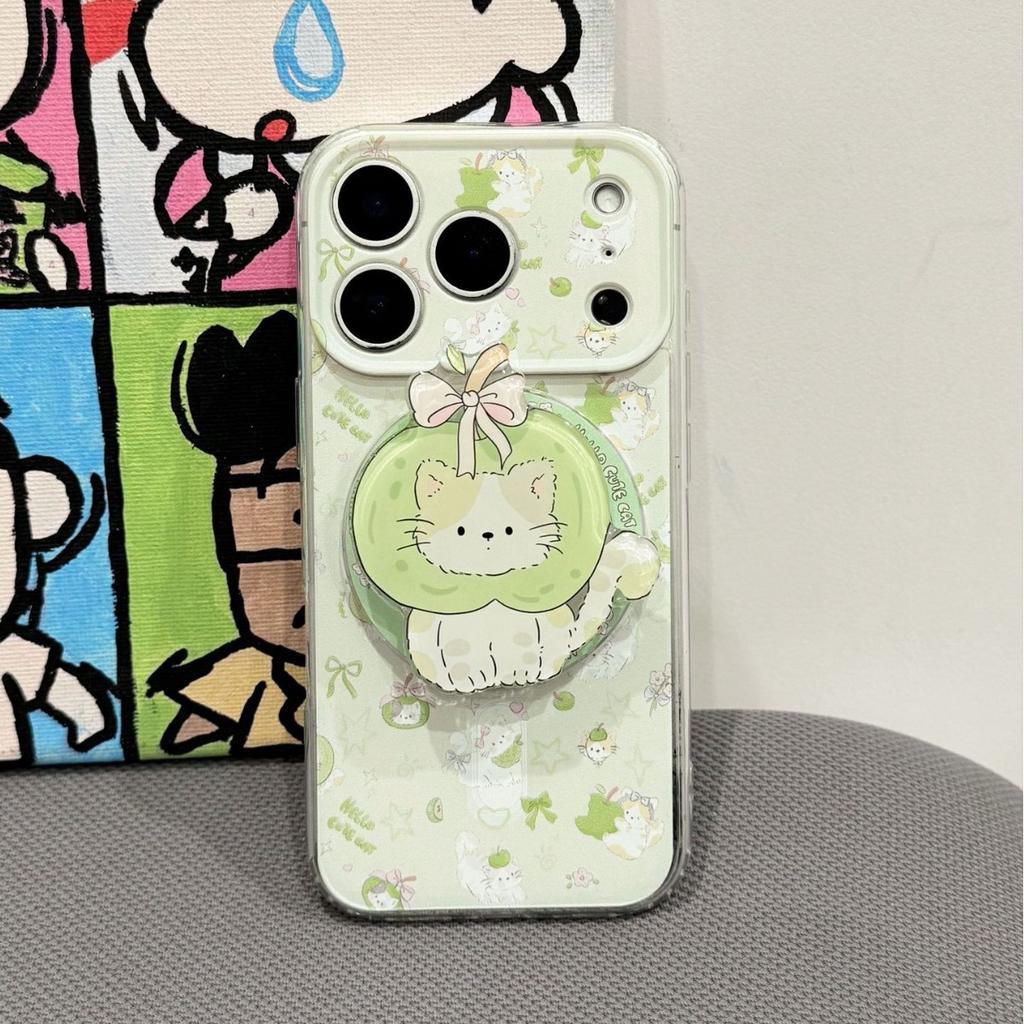 Green cat applies to Apple 17promax spring 16 magnetic iPhone15 holder 14 cute 13 mobile phone case