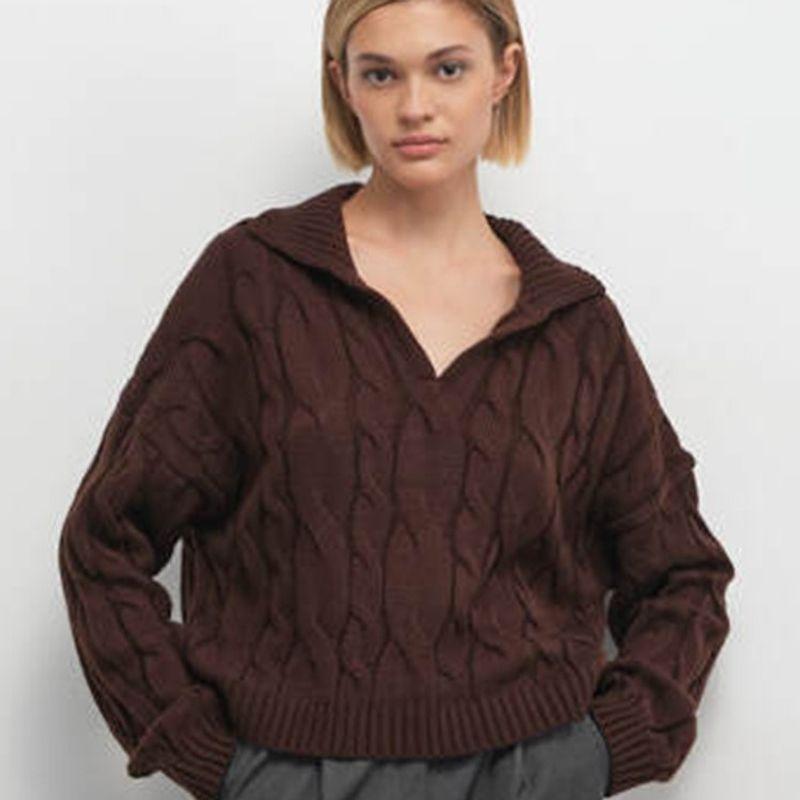 Loose Casual Sweater Beautiful Fall and Winter New Arrival Elegant European and American Women's Clothing Lapel Thickening Temperament Commute Sweater