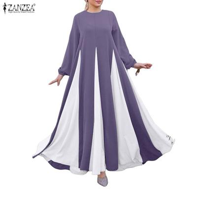 Women Muslim Casual Round Neck Long Sleeve Loose Splice Dress
