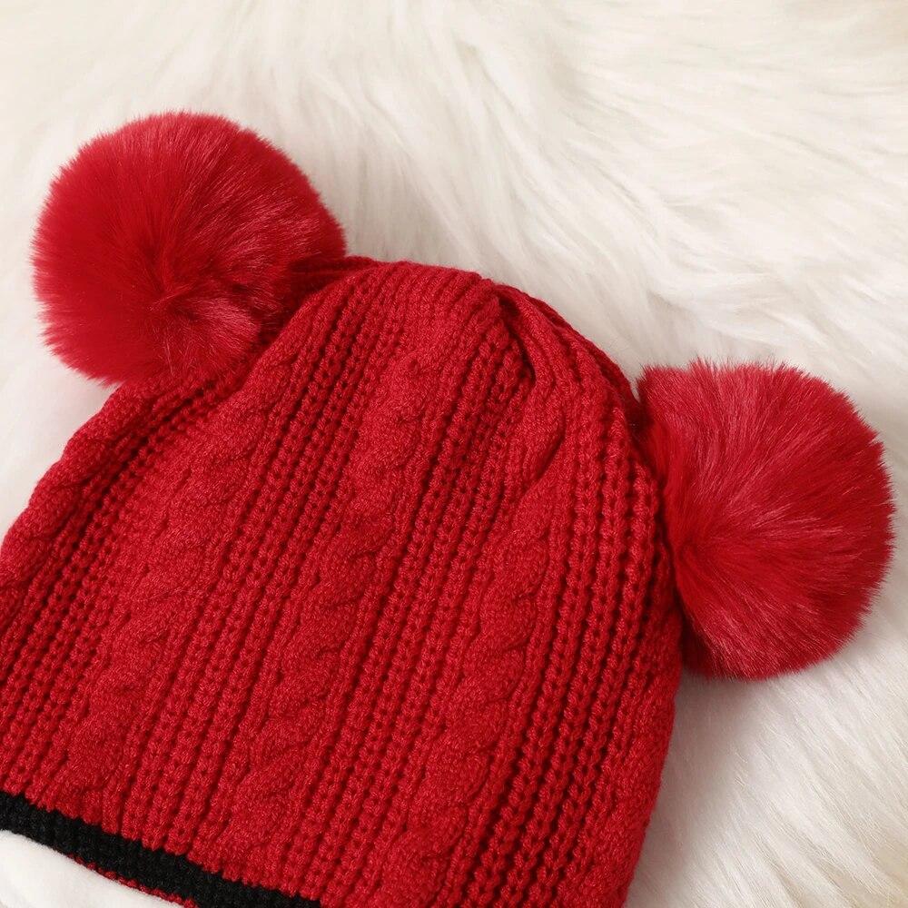 Children's Knitted Woolen Beanie Hat with Scarf Cover and Pom-Poms for Ages 1-6