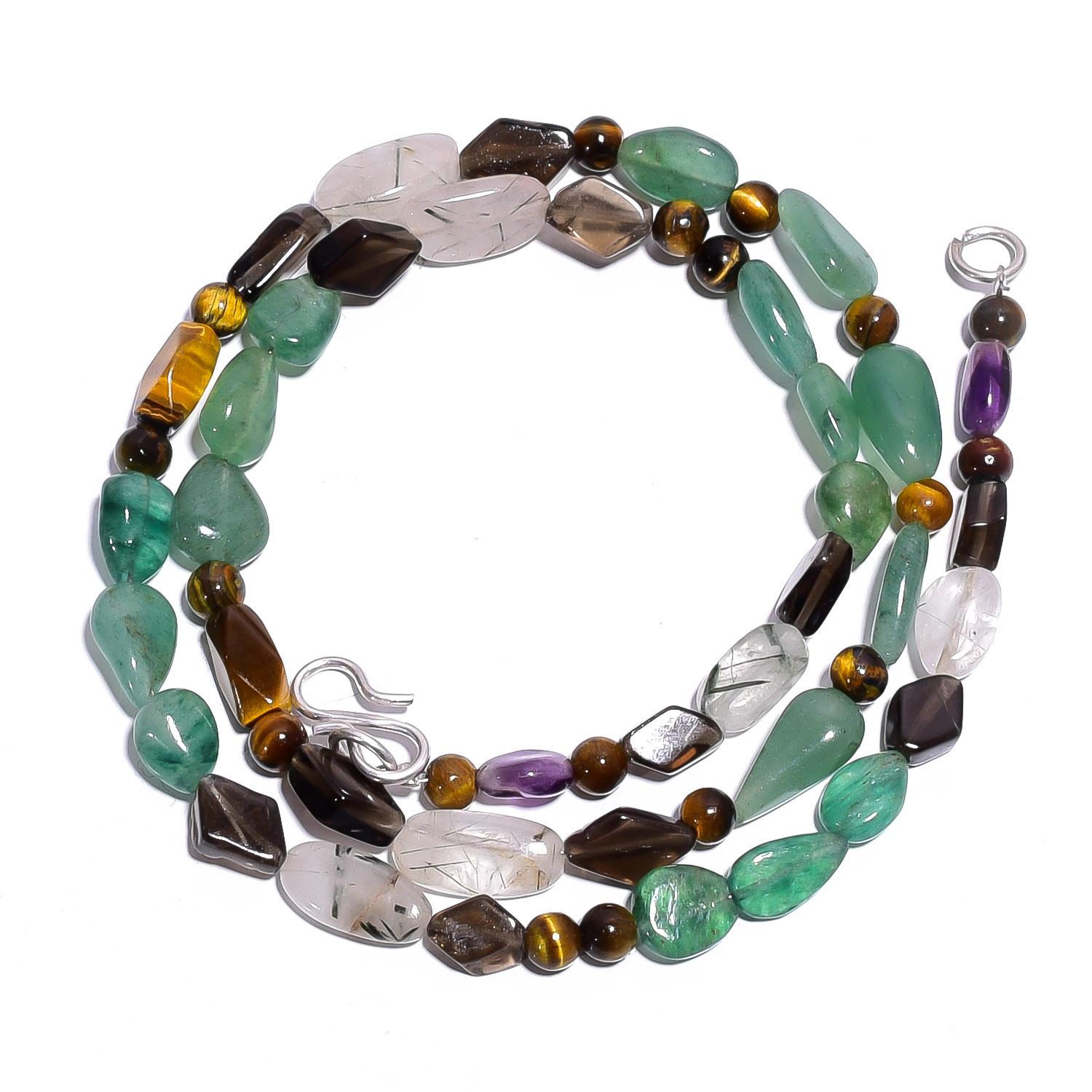 

Natural Aventurine Tiger Eye Smoky Quartz Gemstone Beads Necklace 17 UB-4483 UB-4483