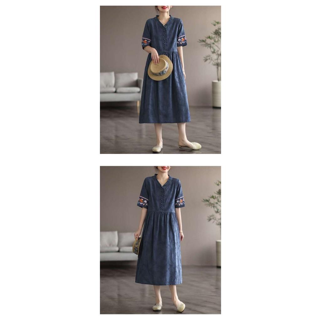 2025 Summer Washed Cotton Dress - Embroidered Midi Dress with Drawstring, Slim Fit Short Sleeve Linen Blend Dress, Boho Chic Casual Women's Outfit