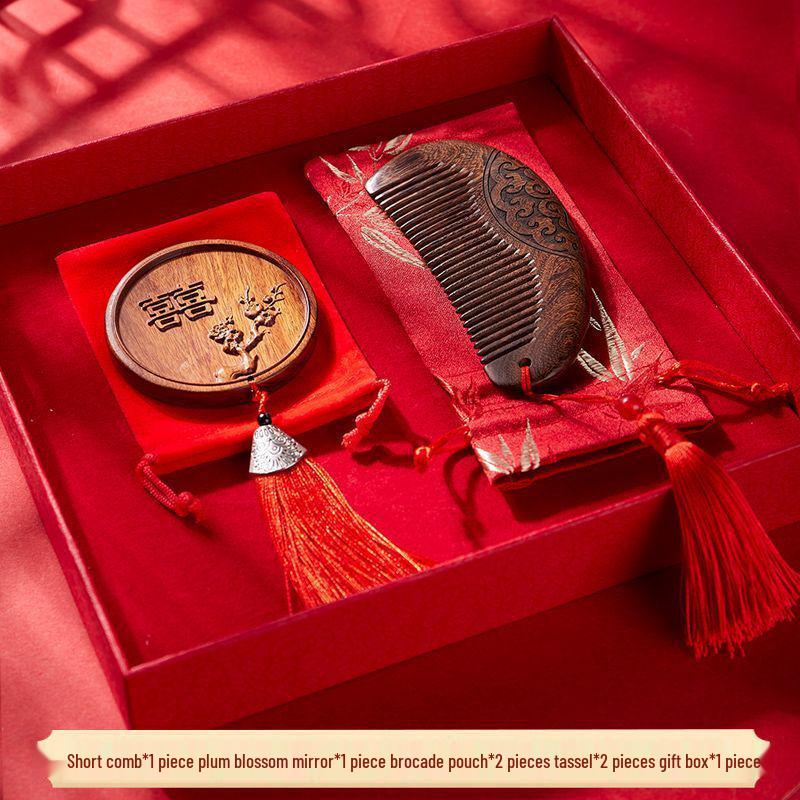 Red Wedding Comb Set for Brides - Elegant Mirror and Hair Combs