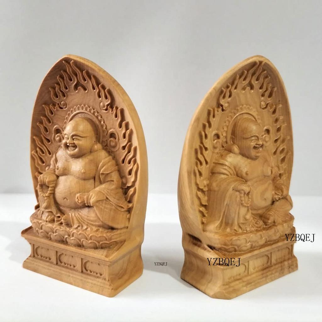 Mini Hotei Buddha Statue, Seven Lucky Gods Figurine, Premium Boxwood Wood Carving (7cm H x 4.5cm W x 2cm D)
