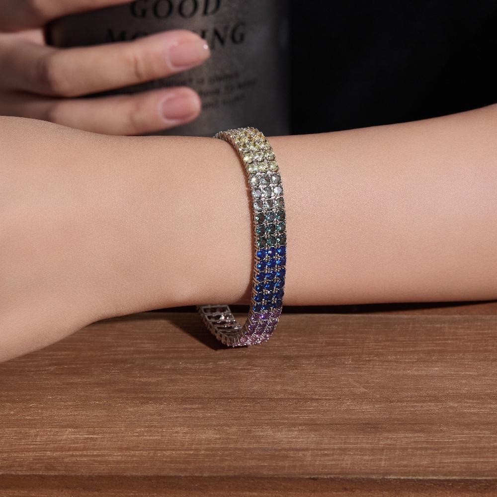 

Три ряда разноцветных браслетов Теннисные браслеты с серебряным покрытием и радужным цирконом