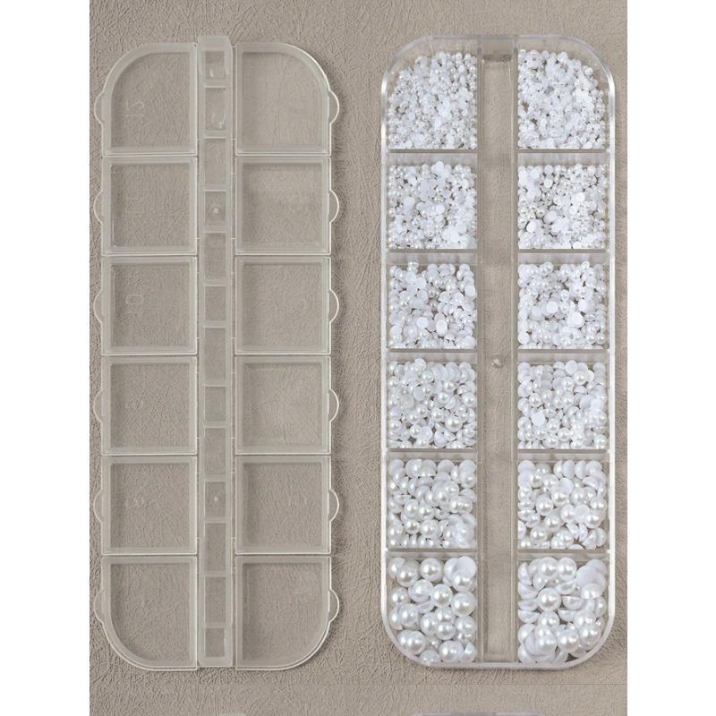 12 Grids 3D Semi-Circle White Simulation Pearl Nail Art Decorations, Semi-Circle Pearl Gems, DIY Nail Art Decor, Suitable For Home DIY Nail Art