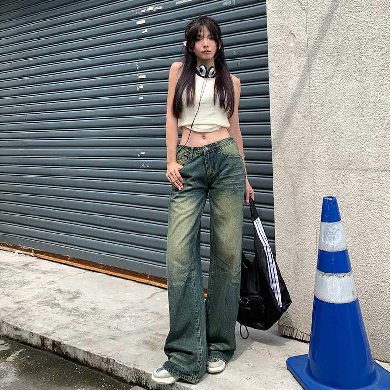 American Retro Low-Waist Wide-Leg Distressed Denim Pants - Floor-Length