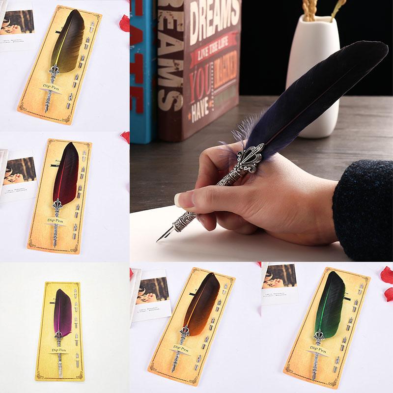 Buy 1Set Stationery Vintage Feather Dip Pen English Calligraphy Writing ...
