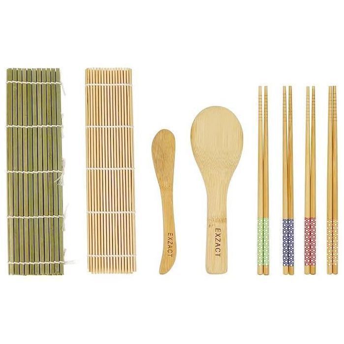 Kit de sushi - EXZACT - Ensemble 8 pièces - Tapis en bambou - Pagaie et épandeur de riz - Baguettes incluses