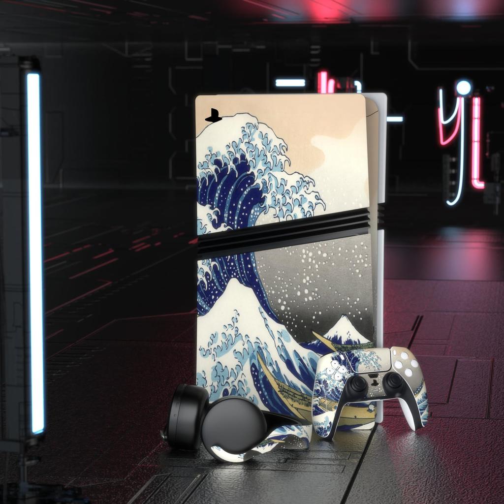 PlayVital Ps5 Pro Body Full Set Custom Sticker for Digital and Disc Charging Decal Sticker Cover for Media Remote Control Great Wave Off Compatible,