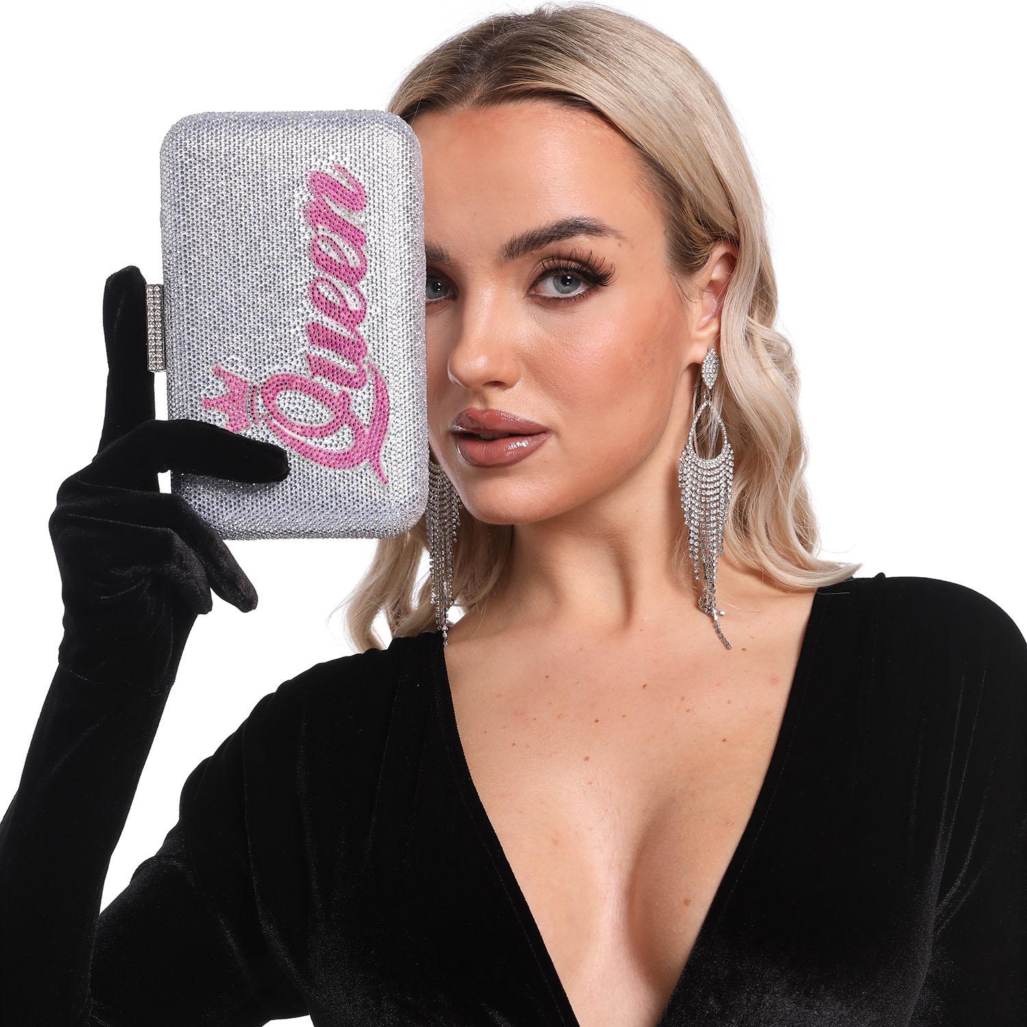 

Boutique De FGG Crystal Evening Bags Women Black Queen and Crown Rhinestone Clutch Purse for Wedding Bridal Hardcase Handbags Mini Clutch розовый цвет-серебро