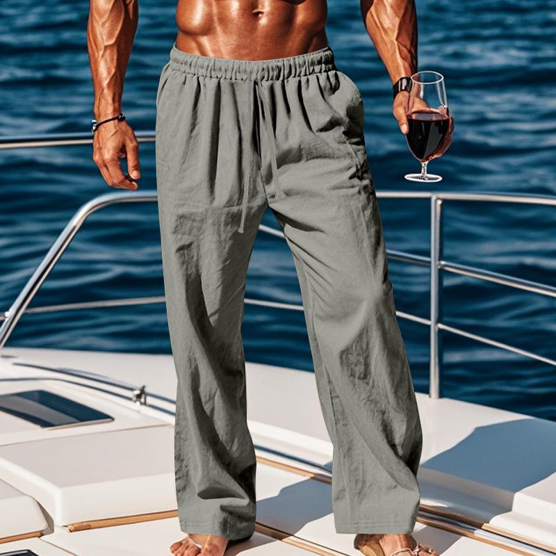 Men's Beige Textured Linen Blend Beach Pants, Casual Drawstring Elastic Waist Loose Fit Trousers