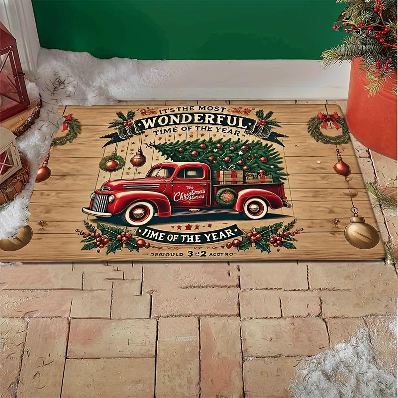 Christmas Pickup Truck with Tree Print Mat, Thick Sponge Anti-Slip Pad, Soft Absorbent Rug for Bedroom Living Room Holiday Decor
