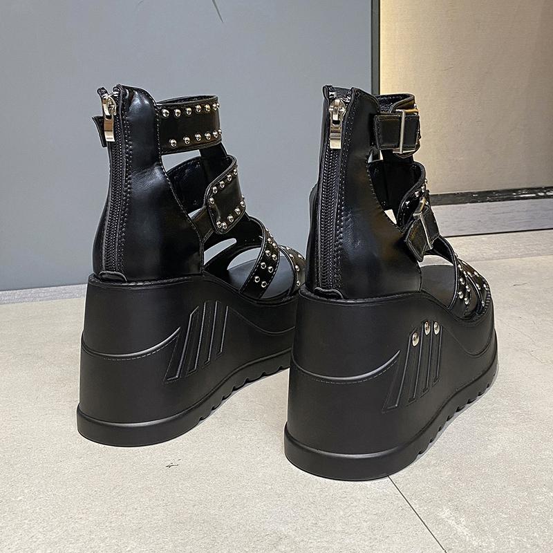 Fashion 10CM Gladiator Wedge Sandals Women's New Summer Fish Mouth Hollow Waterproof Rivet Platform Heightened Roman Sandals Punk Boots