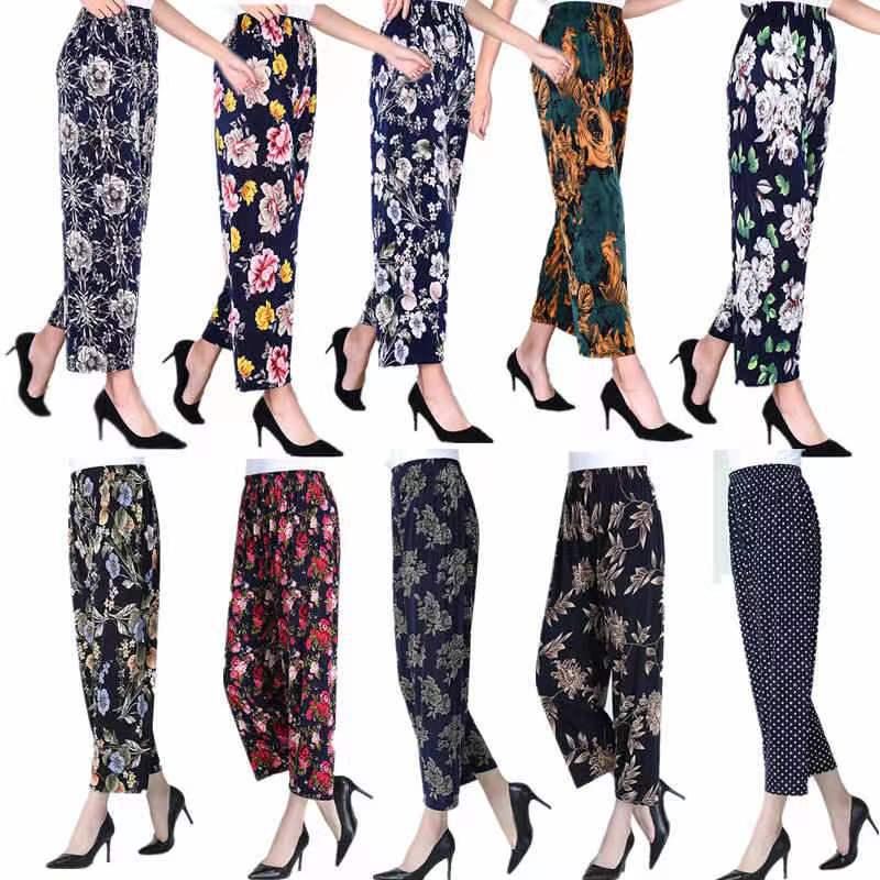 

Plus Size Breathable Floral Nine-Point Pants for Mid-Aged and Elderly Women - Summer Ice Silk, Loose Straight Leg Design One Size (80~165 lbs)