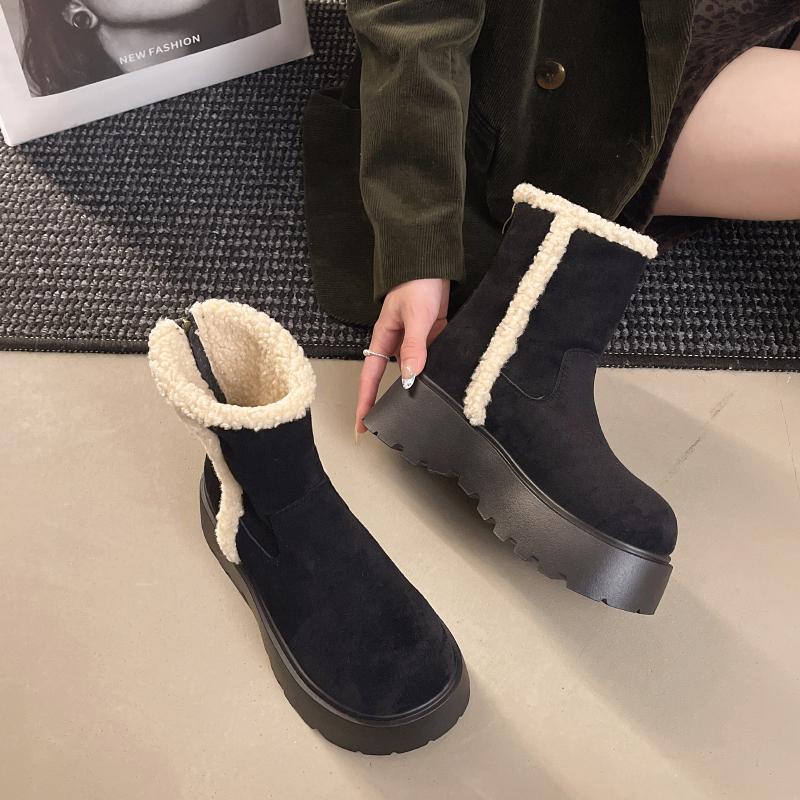 Fashion Winter Warm Cotton Women Ankle Boots Chunky Platform Heels Punk Height Increase Plush Short Booties Shoes Zapatos Mujer