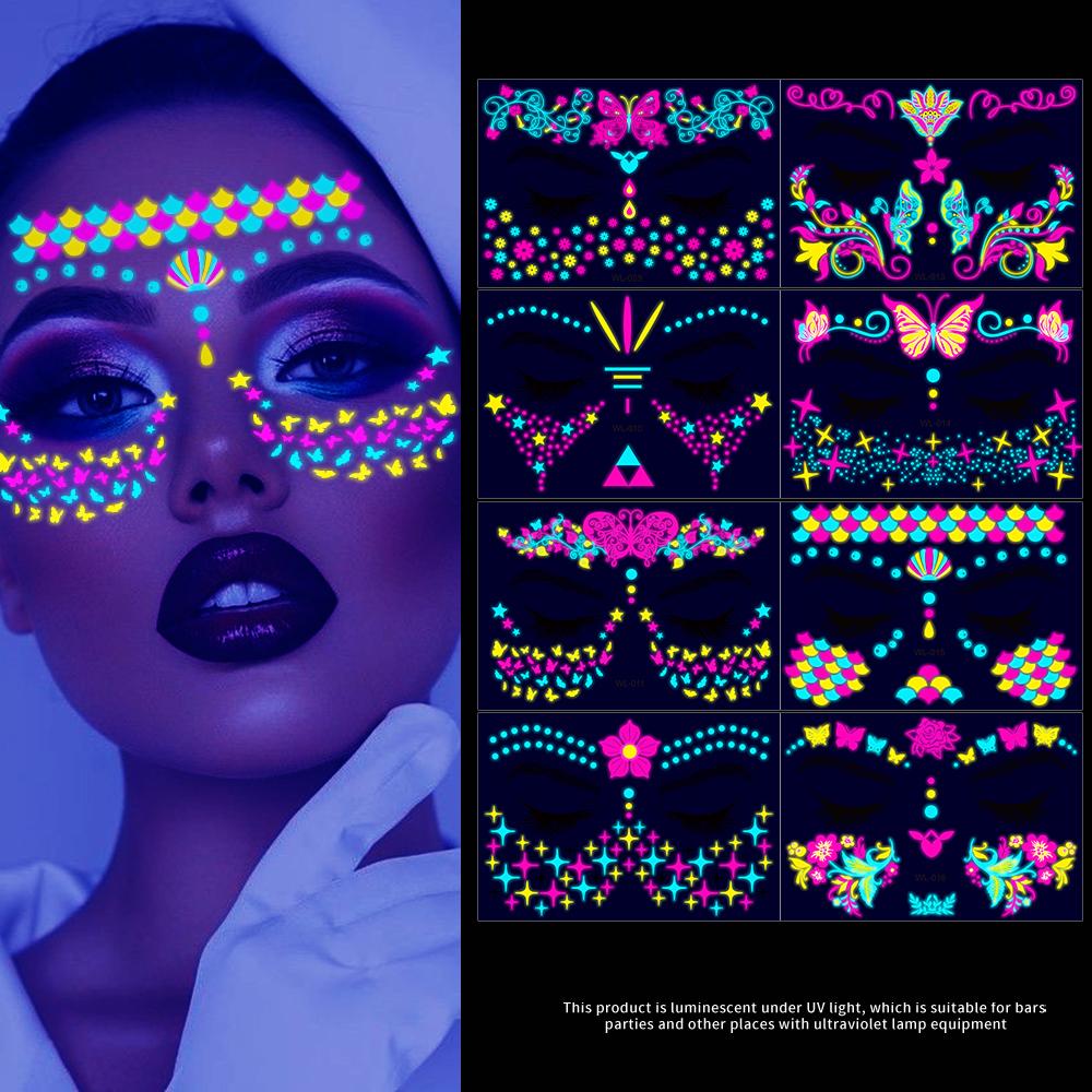 4/8Pcs Fluorescent Face Tattoo Stickers Colorful Flower/Butterfly/Feather Design Temporary Decal Waterproof Makeup/Party Tattoos