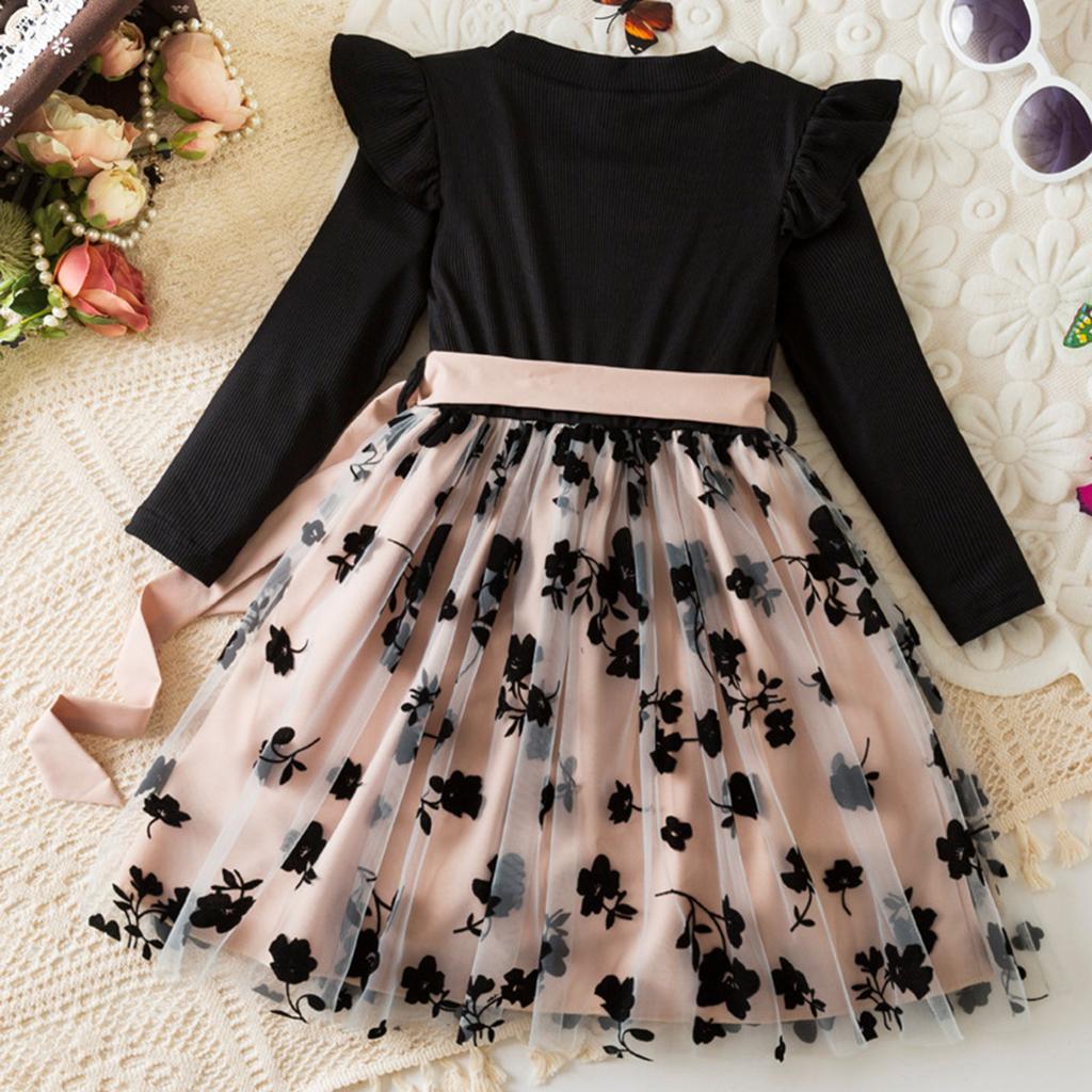 Girls Fashion Cute Rose Mesh Princess Dress Long Sleeve Fly Fly Sleeve Dresses
