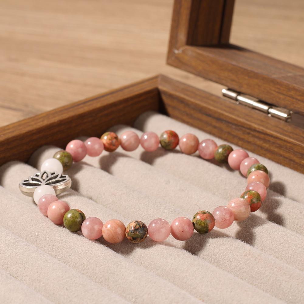 Rose Quartz Unakite And White Jade Beaded Bracelet With Silver Lotus Charm Serene Fashion Jewelry For Men Women Daily Wear Simple Versatile Accessory