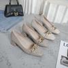 Korean Version of Metal Chain Buckle Temperament Single Shoes Women's Square Head Thick Heel Soft Leather Grandma Shoes Fashion Middle Heel Commuter