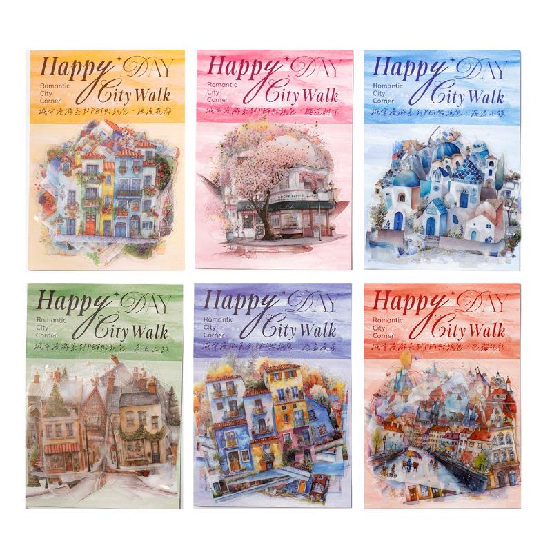 City Roaming PET Die-Cut Sticker Pack: Cherry Blossom Cabin & House Scene Collage - Versatile Decorative Stickers with Small Patterns