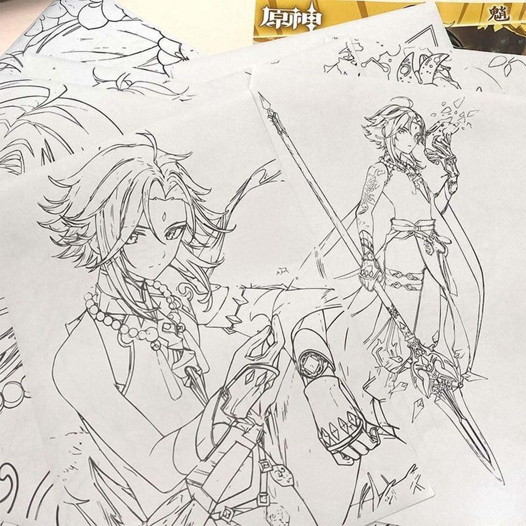 Genshin Impact Coloring Forcalos 30 Drawing Genshin Impact A4 Color Cosplay Doodle Coloring Design Illustration Art Gift Book, Hand-Drawn Book, Xiao,