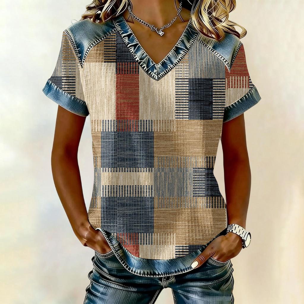 Women's Fashionable Casual Striped Checkered Printed Blouse