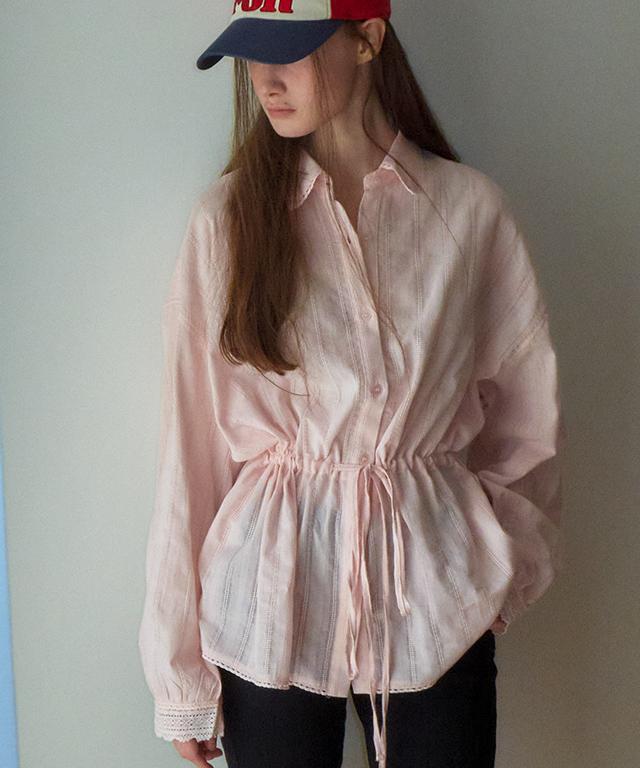 RONRON Drawstring Waist Torchon Lace Frill Shirt Soft Pink