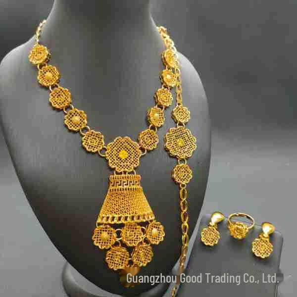 

Комплект африканских украшений Dubai Bride с позолотой 24 карата: Ожерелье, браслет, серьги и кольцо