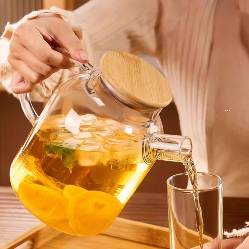1000ML Transparent Glass Elegant Water Jugs With Wooden Cover Kitchen Coffee Pot Coffeeware Teaware Beverage Dispenser