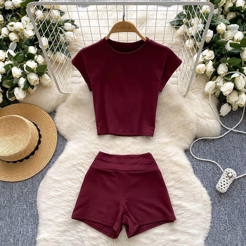 Minimalist Style Athleisure Pure Color Pure Desire Sexy Suit Women's Summer O-neck Short T-shirt + High Waist Figure Flattering Shorts