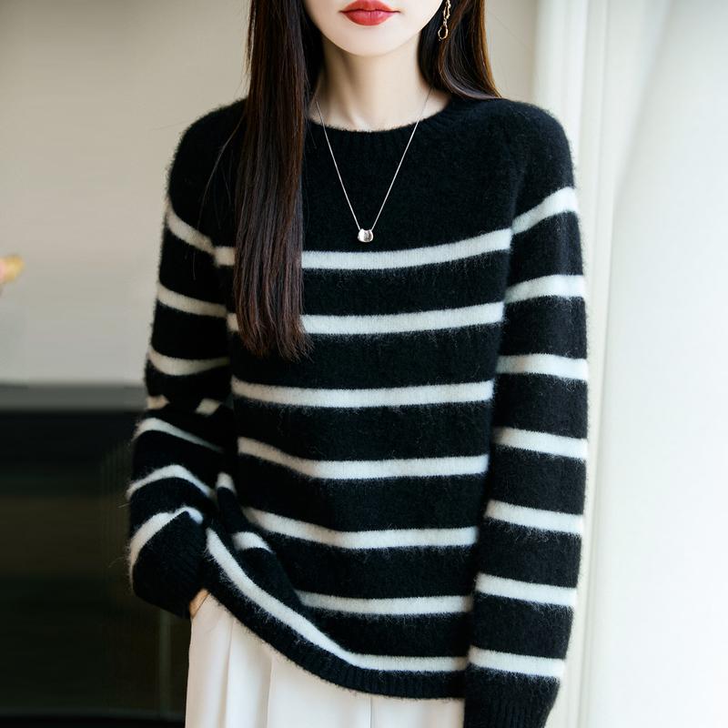 Women Sweater 100% Wool MODERN NEW SAGA O-neck Stripe Knit Pullover Thick Winter Jumpers Female Knit Tops