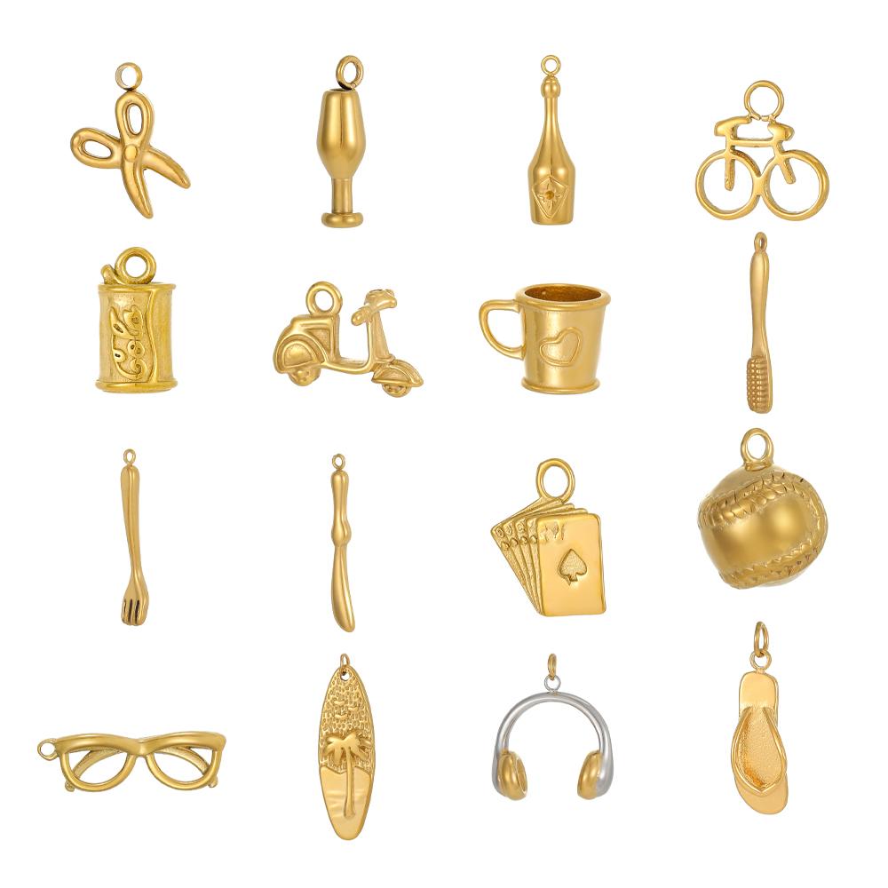 CARLIDANA Stainless Steel Coffee Teapot Cup Bike Scissors Charms White Collar Leisure Series Gold Plated DIY Charm Accessories