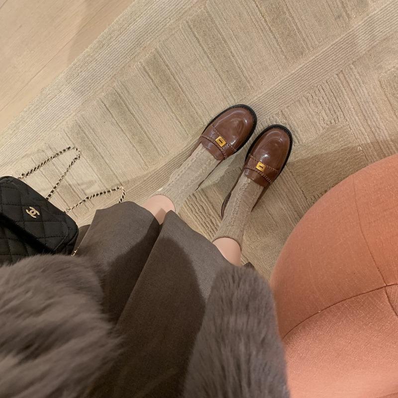 Sheepskin Leather Retro Small Gold Buckle Lazy Single Shoes One Pedal Thick Heel Women's Small Leather Shoes