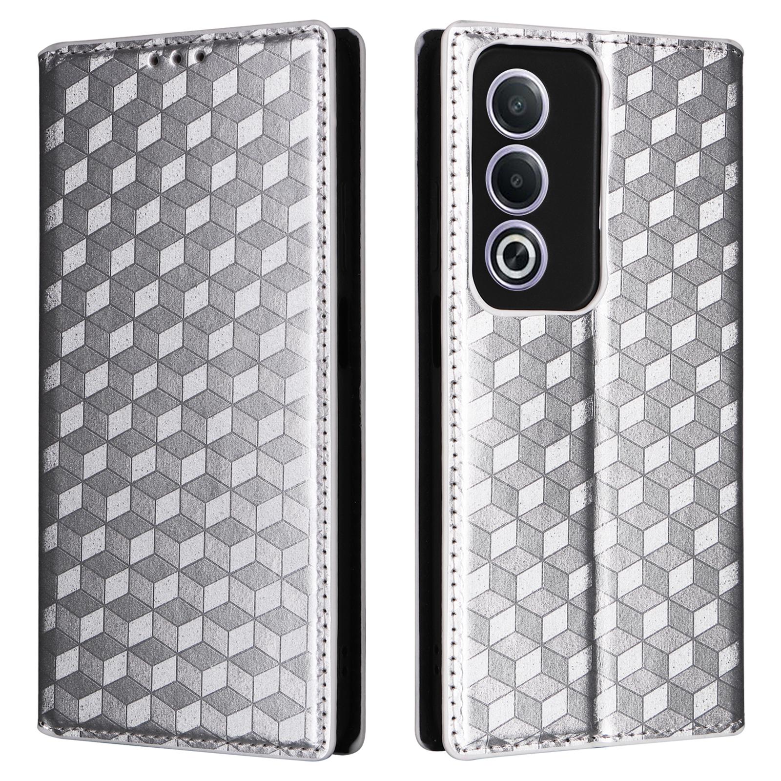 

For Oppo A80 5G/A3 Pro (Global) 5G/K12x 5G (India)/A3x 5G (China) Case Leather Wallet Phone Cover Rhombus Imprinted Silver