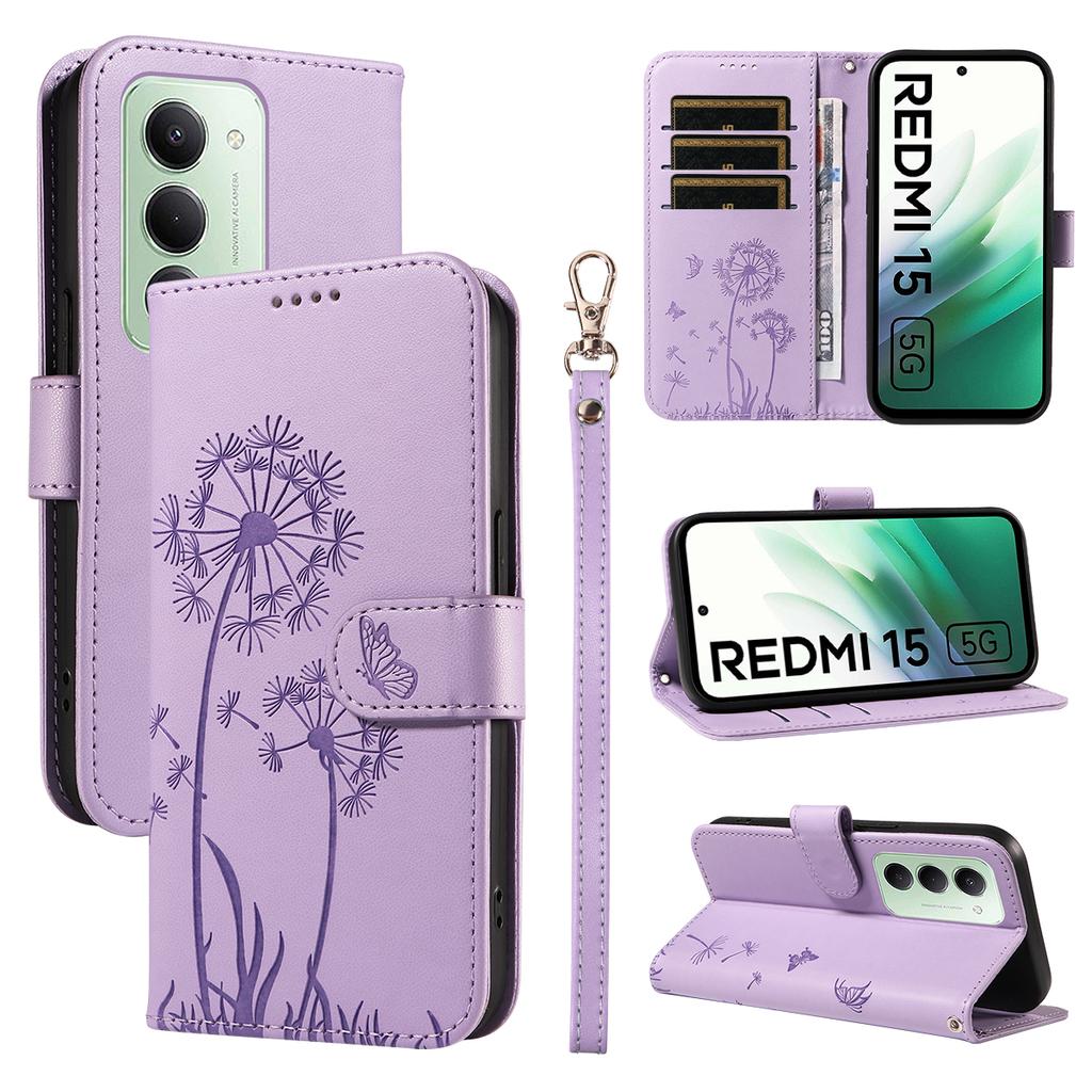 For Xiaomi Redmi 15 5G (Global) (169mm) Leather Wallet Case with Strap Dandelion Imprint Phone Stand Cover