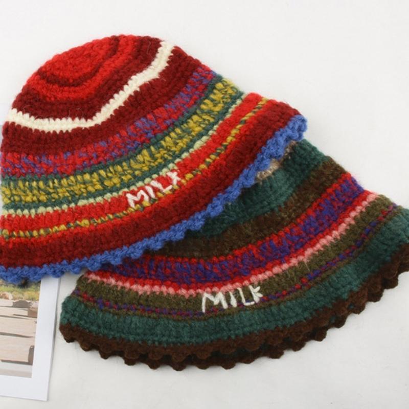Rainbow Stripe Pattern Crochet Bucket Hat Ladies Commute Camping Fisherman Cap with Stripe Pattern for Girlfriend