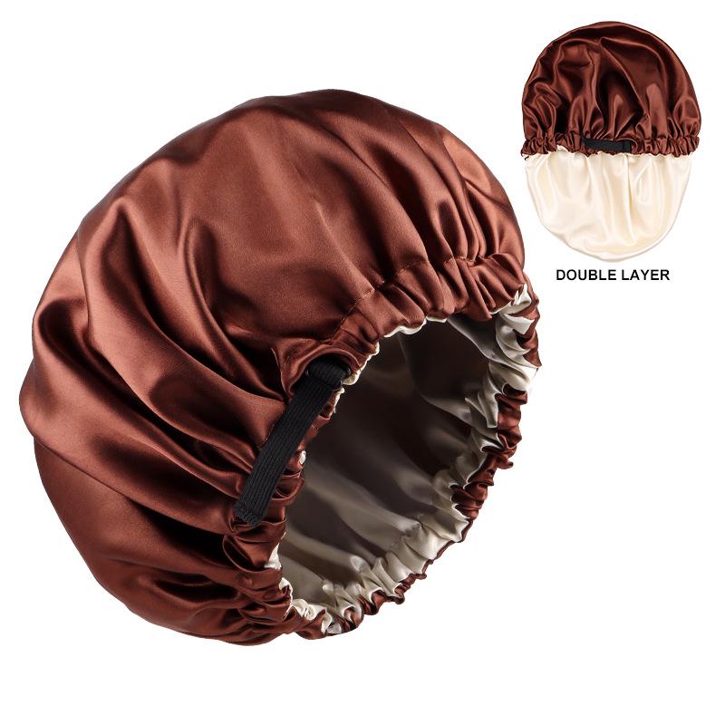 Dual-Layer Satin Sleep Cap with Adjustable Buckle, Reversible Solid Color Design - Elastic European/American Shower Cap