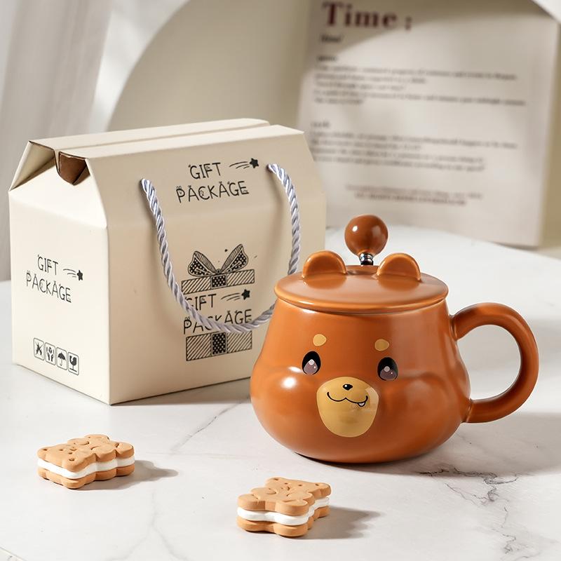 Creative Cartoon Ceramic Cup With Lid High Value Household Couple Water Cup Gift Box With Hand Gift Style