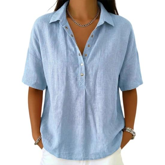 

Women Shirt Lapel Buttons Half Placket Short Sleeve Shirt Tops Pure Color Loose Fit Casual Blouse Vacation Date Casual Wear XL