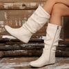 Autumn Winter Pink Mid Calf Boots Women 2025 Fashion Faux Suede Pleated Boots Woman Plus Size 36-42 Flat Heel Long Botas Mujer