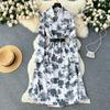 French retro light luxury high-end long-sleeved lapel single-breasted printed dress women's waist temperament big swing shirt skirt