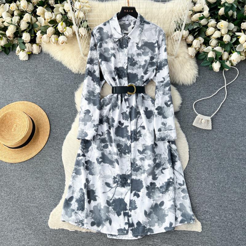 French retro light luxury high-end long-sleeved lapel single-breasted printed dress women's waist temperament big swing shirt skirt