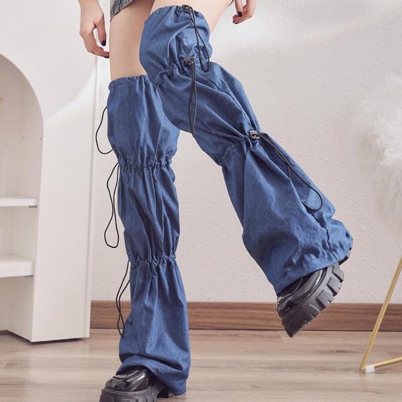 Punk Jeans Leg Warmers with Drawstring Bandage Harajuku Leg Cover Flared Over Knee Long Socks Streetwear for Women