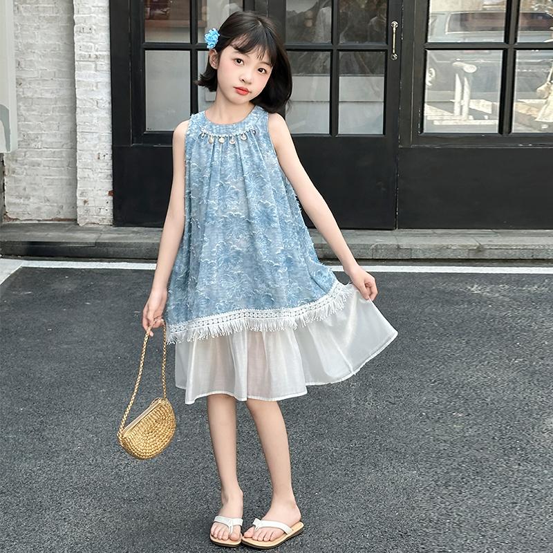 Girls' Dress Summer 2026 New Style Mid University Children's Stylish Tank Top Skirt Girls' Lace Holiday Beach Skirt Trendy