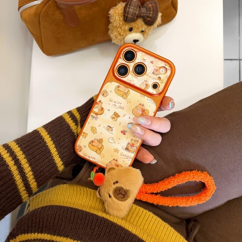 Cute Capybara Phone Case for 13 14 15 16 17 Pro Max Electroplated Leather Back With Plush Strap Soft Protective Cover