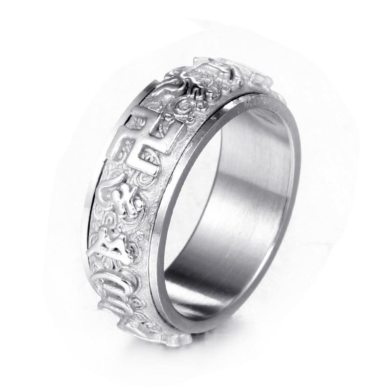 Rotating Titanium Steel Ten Thousand Words Amulet Ring: Eight Guardian Deities, Zodiac Birth Year, Heart Sutra for Men